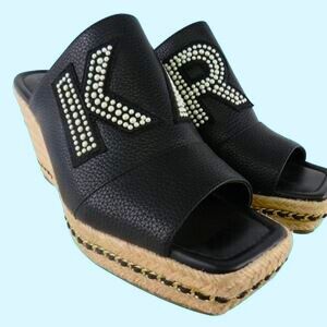 Karl Lagerfeld Black Wedge Sandals with Faux Pearl KARL Logo Detail